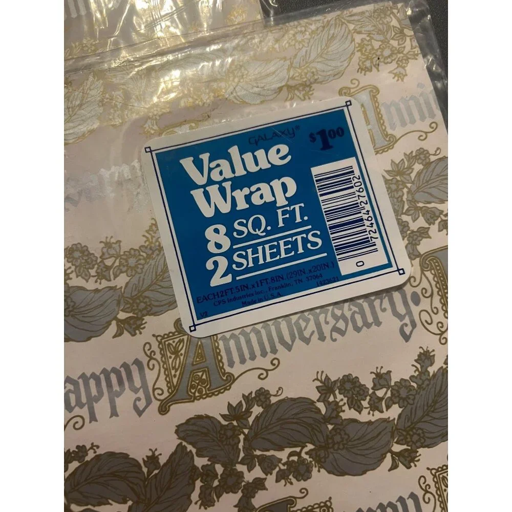 Lot of 2 Vintage Sealed Galaxy Value Gift Wrap Happy Anniversary Gold‎ & Silver